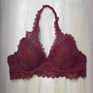 VS PINK Lace Halter Bralette Mauve/Dark Pink Floral Lace Pattern Sz L